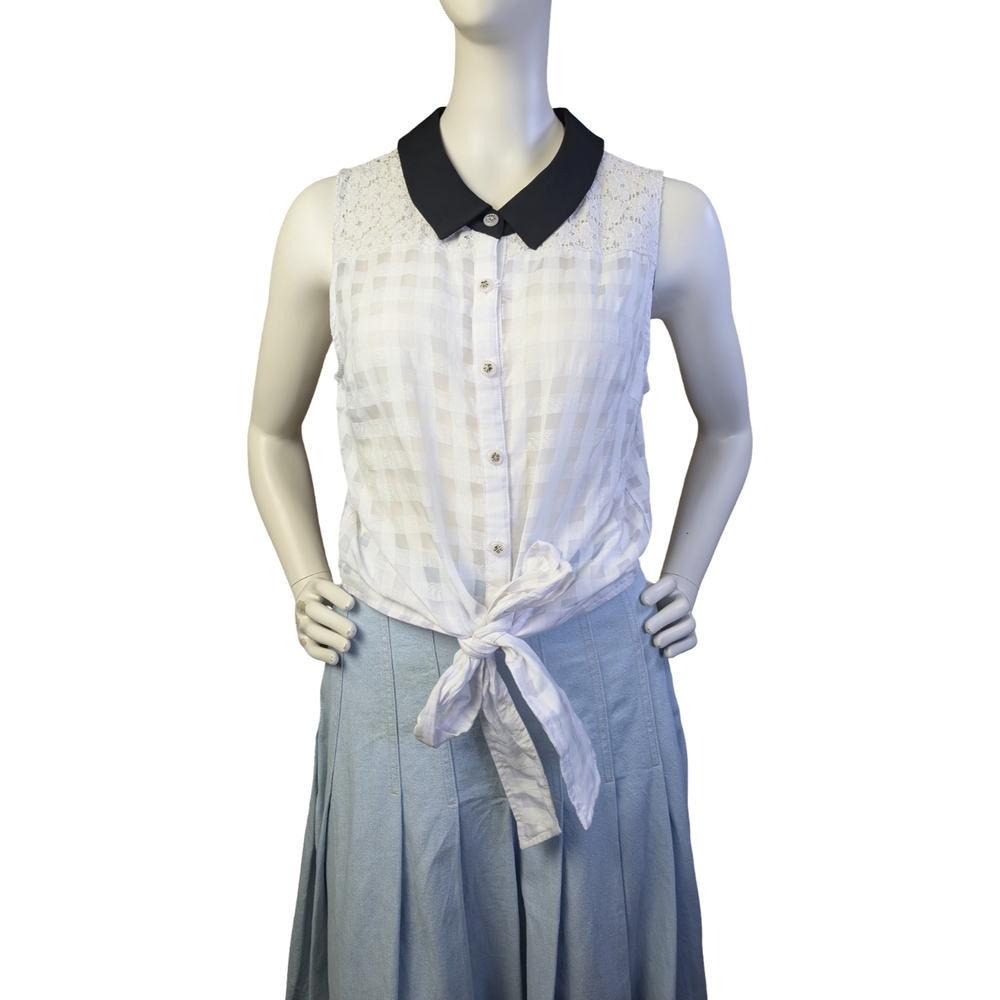 NWT Ingni Sheer Gingham Sleeveless Blouse • Contrast Collar • Tie-Front Top
